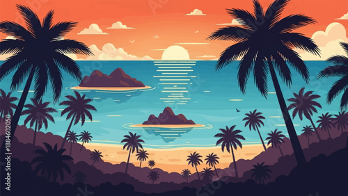 Silhouette palm trees frame a serene beach sunset with ocean islands