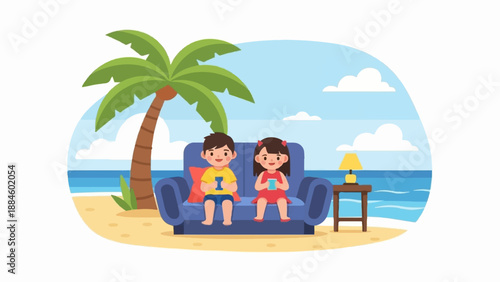 Two children sit on a sofa on a sandy beach by the ocean, each using a phone