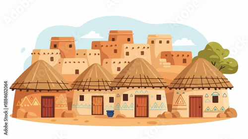 Traditional village with thatched huts and tiered buildings under a sky