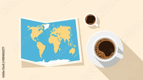 World map with two cups of coffee on a beige surface