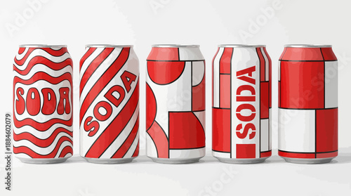 Artistic Soda Can Design Set – 5 Bold Red and White Packaging Concepts for Beverage Branding, Marketing, and Editorial Use