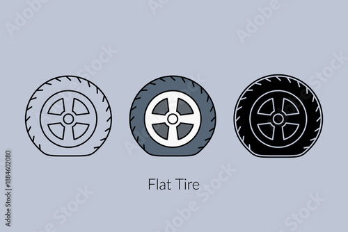 Flat tire illustration with three different styles. Punctured car tire. Deflated tire. Automotive theme, vector illustration.