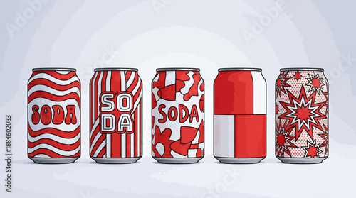 Artistic Soda Can Design Set – 5 Bold Red and White Packaging Concepts for Beverage Branding, Marketing, and Editorial Use