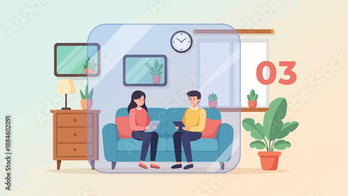 Two people sitting on a sofa, holding tablets, in a room with plants