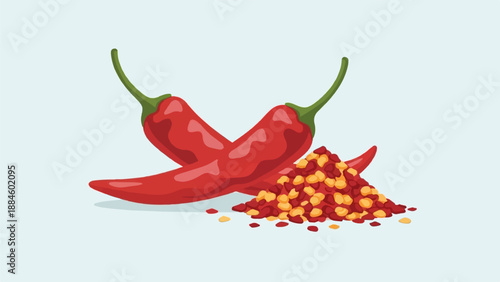 Two red chili peppers with a pile of chili flakes beside them