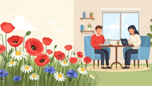 Two people working on laptops indoors beside a vibrant poppy field