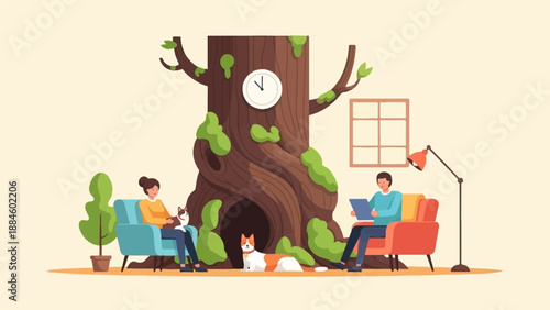 People and pets relaxing at home near a large tree