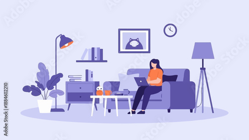 Person working on a laptop from home, surrounded by home decor and plants