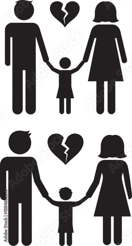 Divorce family silhouette with broken heart vector