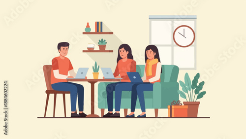 Three people working on laptops in a cozy room with a clock and plant