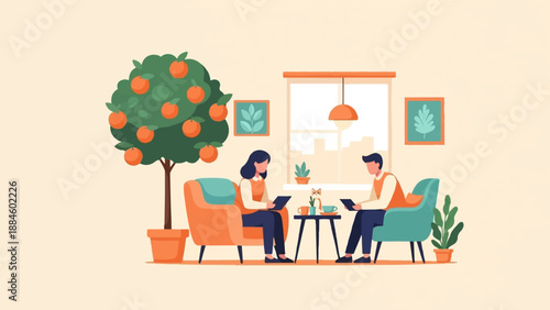 Two people relax in chairs with tablets, an orange tree nearby