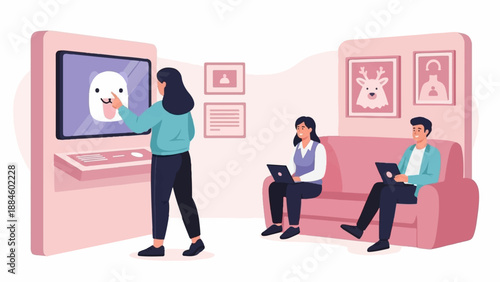 People interact with digital display and use laptops in a modern waiting area