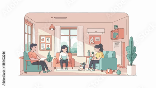 Three friends relax with their dog in a cozy, sunlit living room