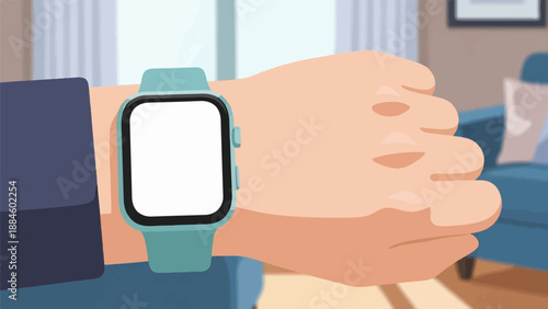 Person's wrist wearing a blank screen smartwatch indoors