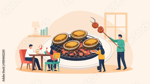 People enjoy grilling abalone and skewers on a warm, cozy indoor setting