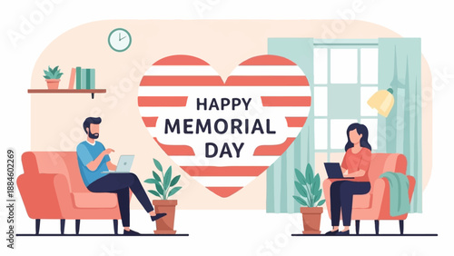 People at home celebrating Memorial Day with laptops and heart graphic
