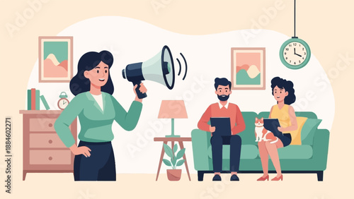 Woman with megaphone addresses a man and woman holding tablets with a cat