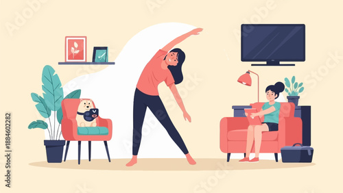 Two women and a dog enjoying a relaxing day indoors with exercise and leisure