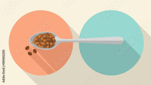 Spoon holding coffee beans with beans scattered on a peach circle