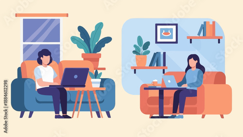 Two people relax on couches using laptops in modern, minimalist living spaces