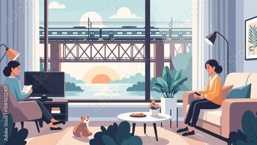 Two women relax indoors while a train crosses a bridge over a river