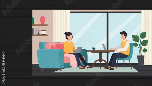 Two people working on laptops in a cozy room with a large window