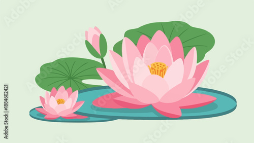 Two pink water lilies bloom with a bud on a light green background