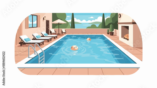 Sunny poolside with lounge chairs, pool, and distant ocean view