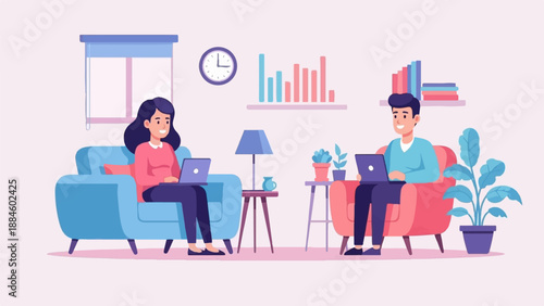 Two people are working on laptops while relaxing on sofas in a cozy home setting