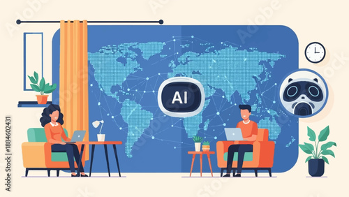 Two people work on laptops with a world map showing AI connections