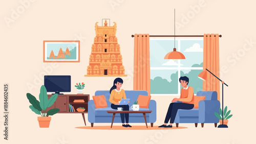 Two people relaxing at home with artwork and plants