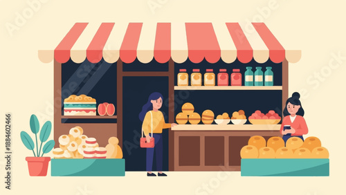 People shopping for food at a colorful outdoor market stall