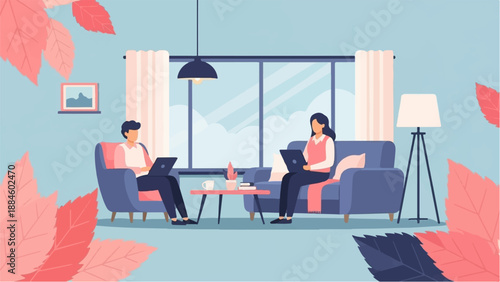 Two people working on laptops in a cozy living room with large windows