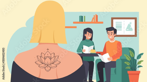 Two people reading at a table with a tattooed person in foreground