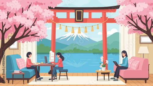 Women working remotely with a scenic Japanese view of Mount Fuji and cherry blossoms