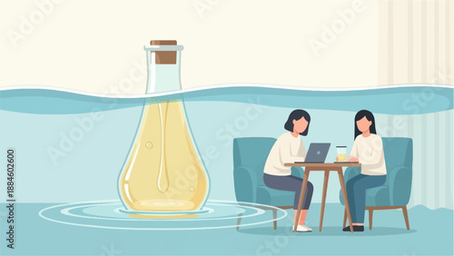 Two women at a table with laptops and drinks near a submerged flask