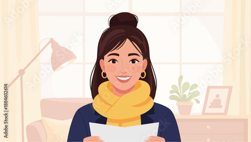 Smiling woman in yellow scarf holding paper near lamp and plant