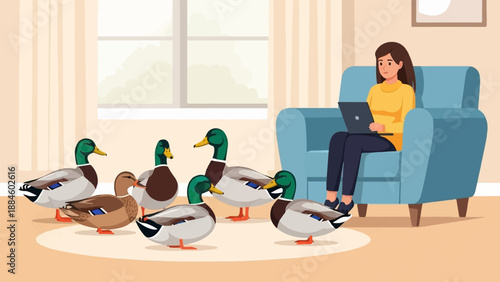 Woman working on laptop in a living room with ducks wandering inside