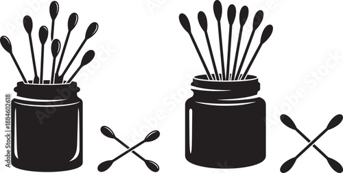 Cotton swabs silhouette in jars and crossed on white