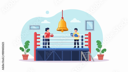 Two cartoon boxers in a ring, ready to fight under a golden bell
