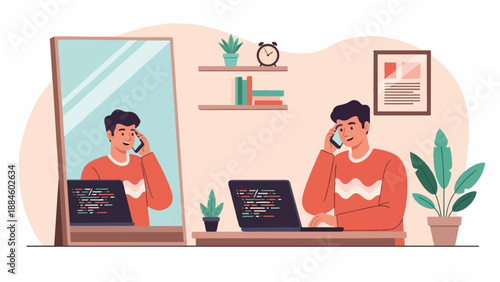 Person working on laptop and talking on phone, reflected in mirror