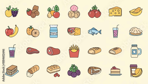 Variety of delicious food and drink icons displayed on a plain background
