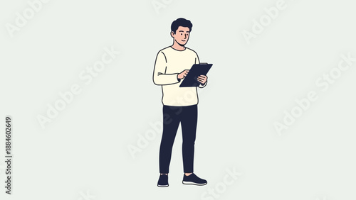 Man Holding Clipboard, Taking Notes, Business Meeting, Office Work, Flat Design