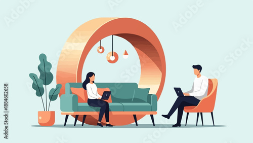 Modern minimalist interior with people working on laptops near circular structure