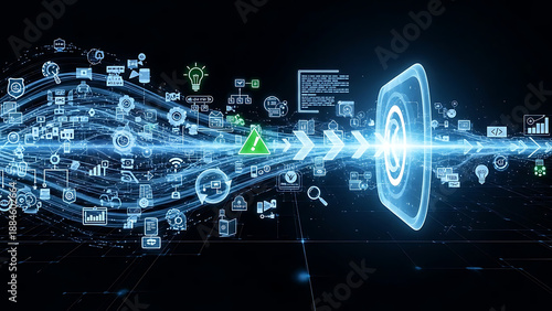 Flow of digital icons and data streams towards target symbolizing information processing and security in technology and business abstract background