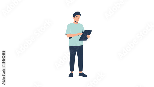 Man Holding Clipboard, Writing Notes, Business Professional Standing Isolated