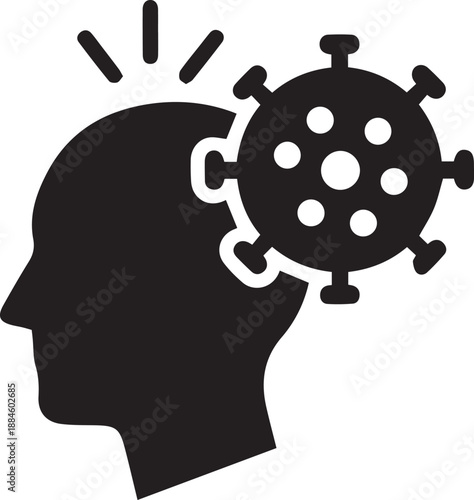 Human head silhouette with a virus symbol, representing brain fog, viral infection, mental health stress, and neurological impacts of disease. Minimalist black vector icon.
