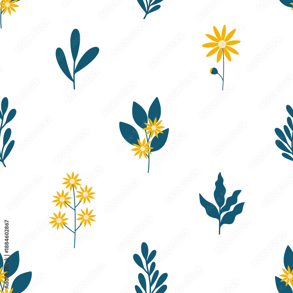 Fototapeta premium Hand drawn floral seamless pattern with leaves