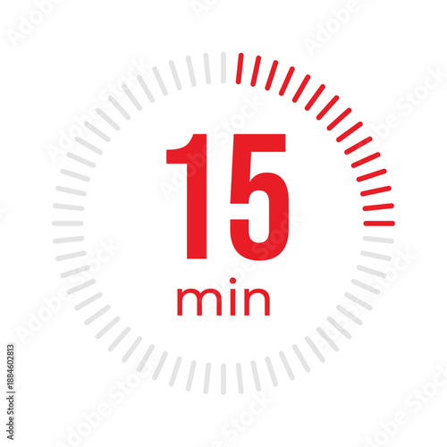 15 Minute Timer, clock, stopwatch, Countdown timer, cooking time icon. Sixty minute dial. Red color isolated symbol. Vector illustration