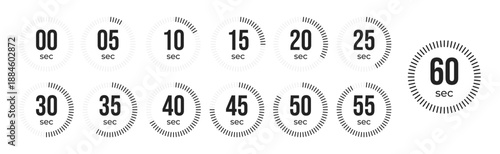 Second Timer, clock, stopwatch, Countdown timer, cooking time icon set. 0, 5, 10, 15, 20, 25, 30, 35, 40, 45, 50, 55, 60 second dial. Black color isolated set, symbol. Vector illustration